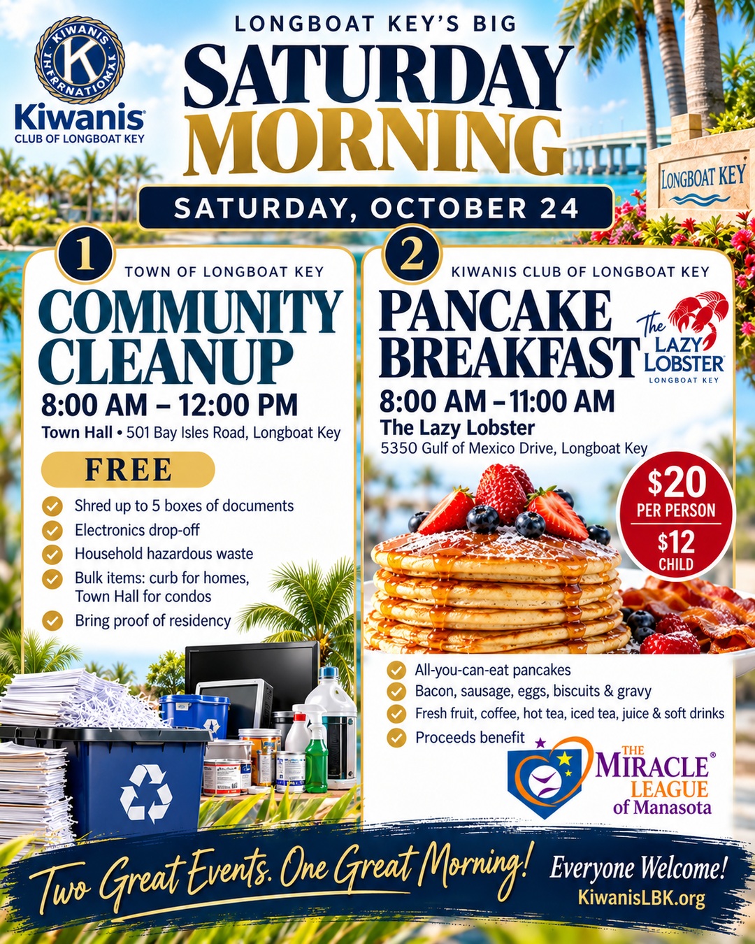 Longboat Key's Big Saturday Morning flyer: Community Cleanup and the Kiwanis Pancake Breakfast, Saturday, October 24